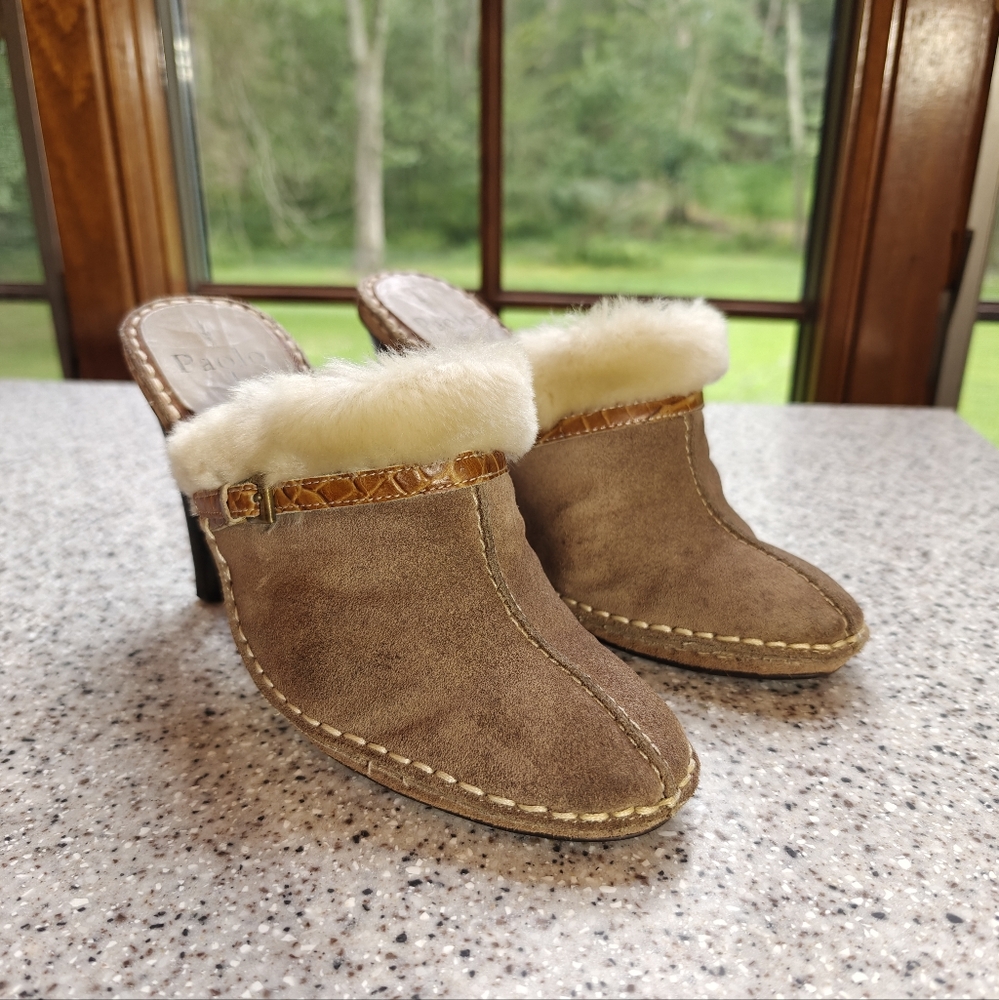 Paolo Tan Suede Mules with Cream Fur Trim